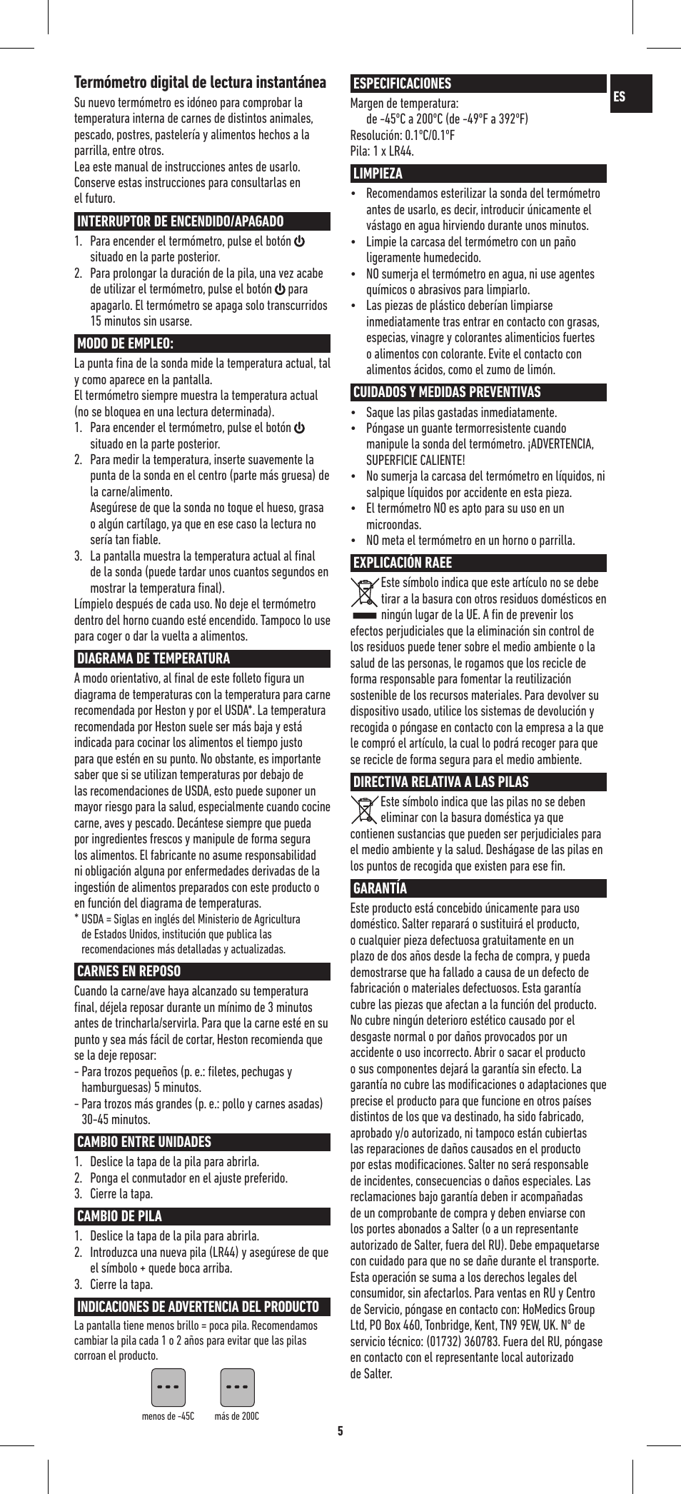 Termómetro digital de lectura instantánea | Salter 544 HBSSCR Heston Blumenthal Precision Instant Read Digital Thermometer User Manual | Page 5 / 20