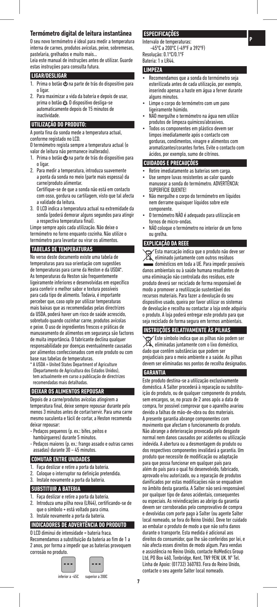 Termómetro digital de leitura instantânea | Salter 544 HBSSCR Heston Blumenthal Precision Instant Read Digital Thermometer User Manual | Page 7 / 20