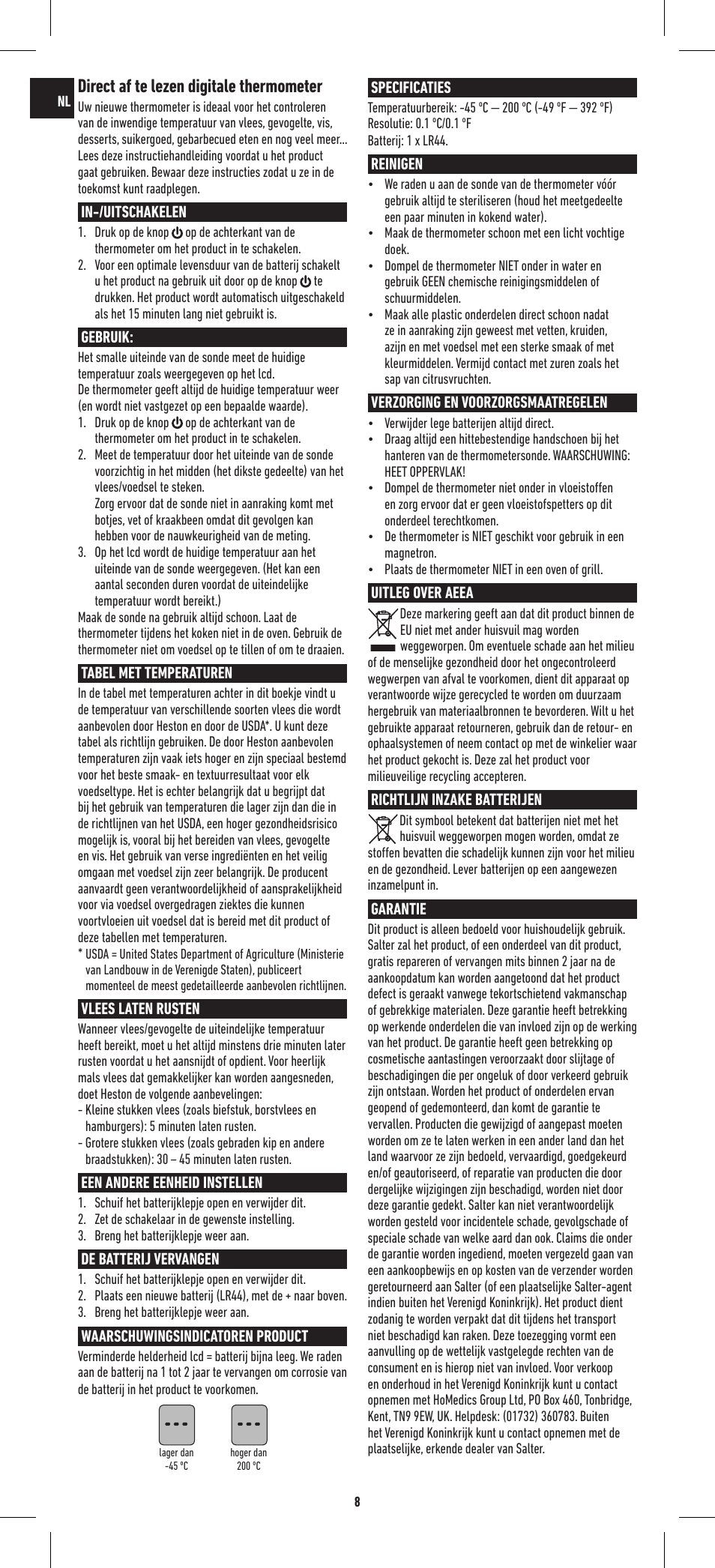 Direct af te lezen digitale thermometer | Salter 544 HBSSCR Heston Blumenthal Precision Instant Read Digital Thermometer User Manual | Page 8 / 20