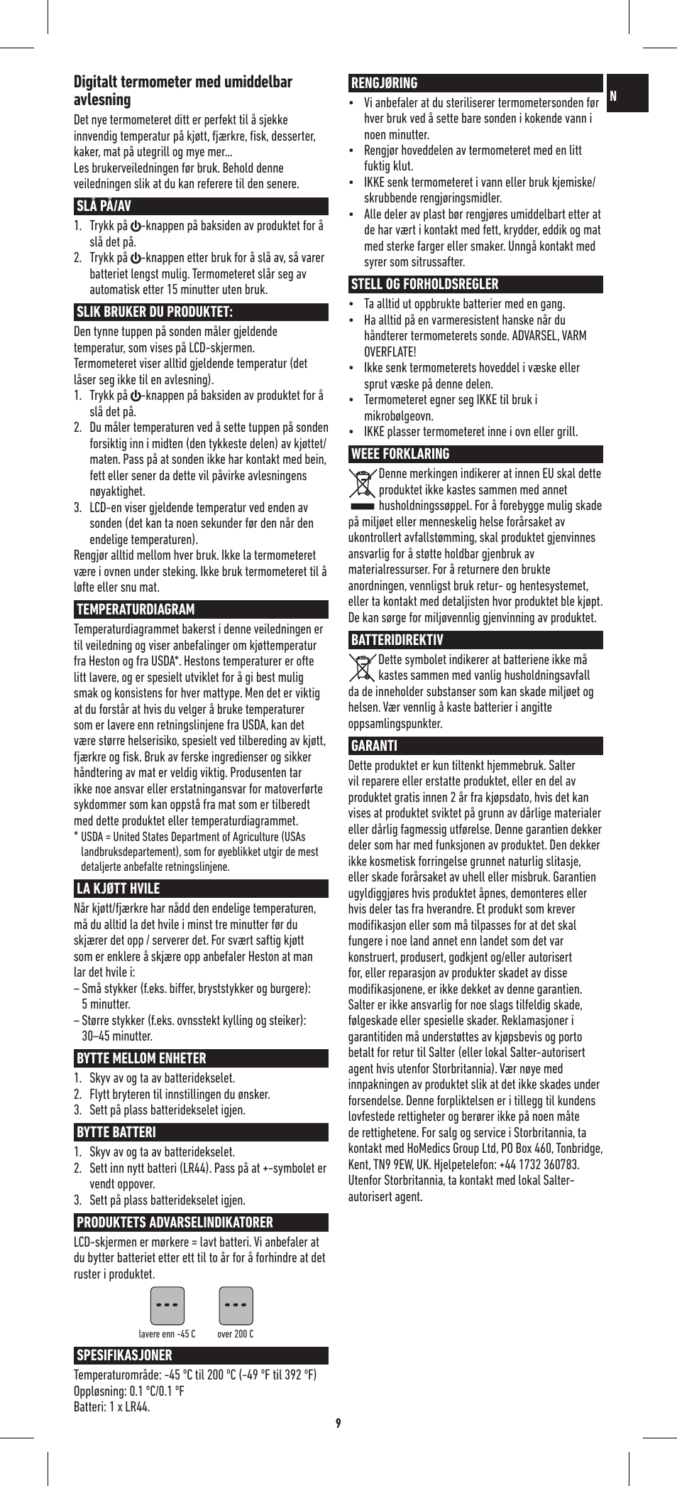 Digitalt termometer med umiddelbar avlesning | Salter 544 HBSSCR Heston Blumenthal Precision Instant Read Digital Thermometer User Manual | Page 9 / 20
