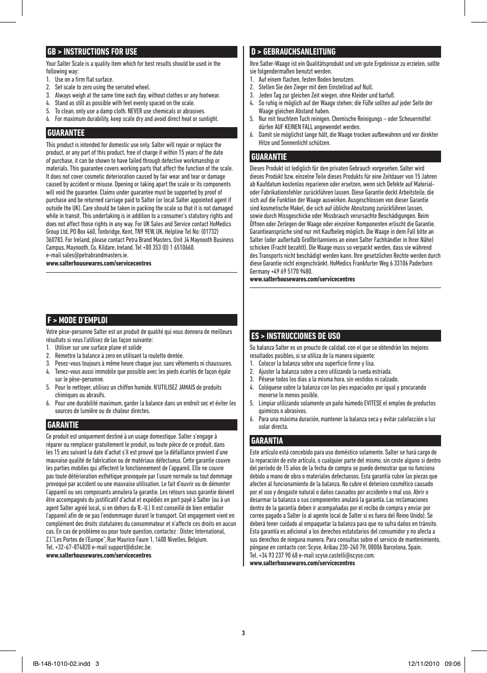 Gb > instructions for use, Guarantee, F > mode d’emploi | Garantie, D > gebrauchsanleitung, Guarantie, Es > instrucciones de uso, Garantia | Salter 485 SVDR Magnified Display Mechanical Scale User Manual | Page 3 / 8
