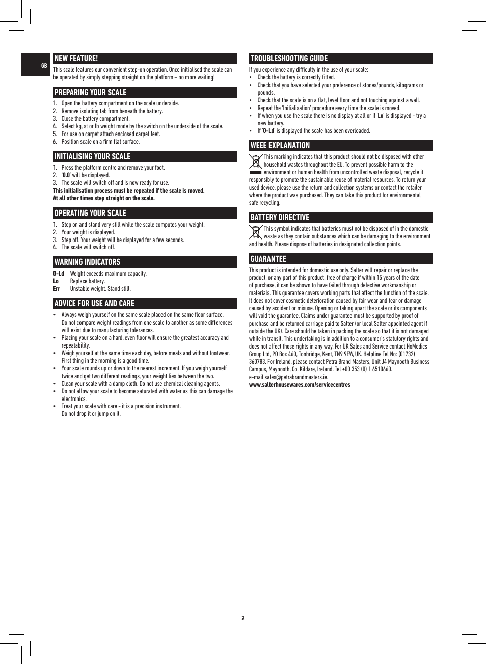 New feature, Preparing your scale, Initialising your scale | Operating your scale, Warning indicators, Advice for use and care, Troubleshooting guide, Weee explanation, Battery directive, Guarantee | Salter 9069 XXXX Ultra Slim Glass Electronic Scale User Manual | Page 2 / 20