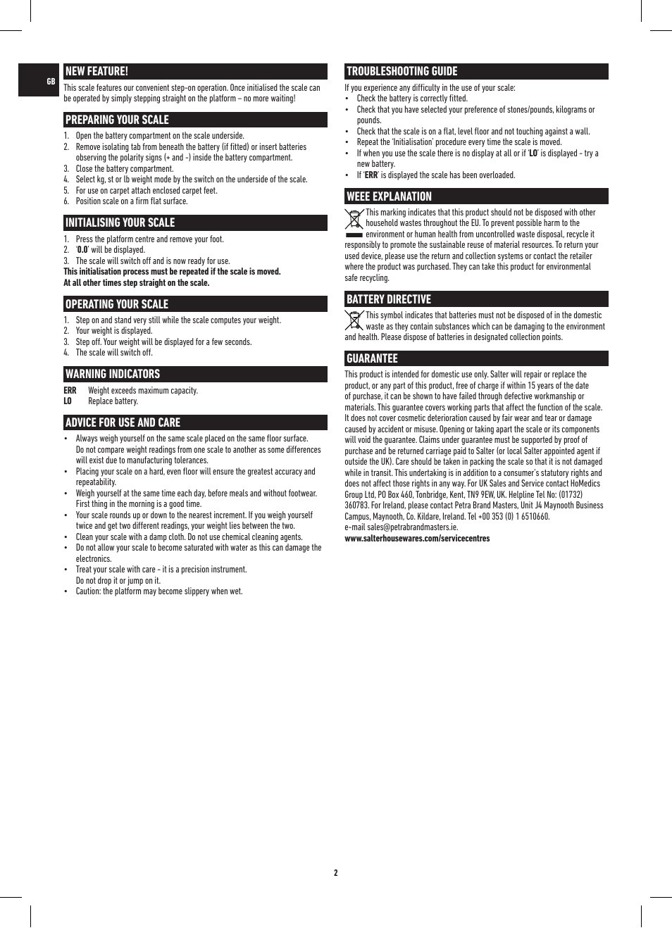 New feature, Preparing your scale, Initialising your scale | Operating your scale, Warning indicators, Advice for use and care, Troubleshooting guide, Weee explanation, Battery directive, Guarantee | Salter 9049 BK3R Max Electronic Scale User Manual | Page 2 / 20