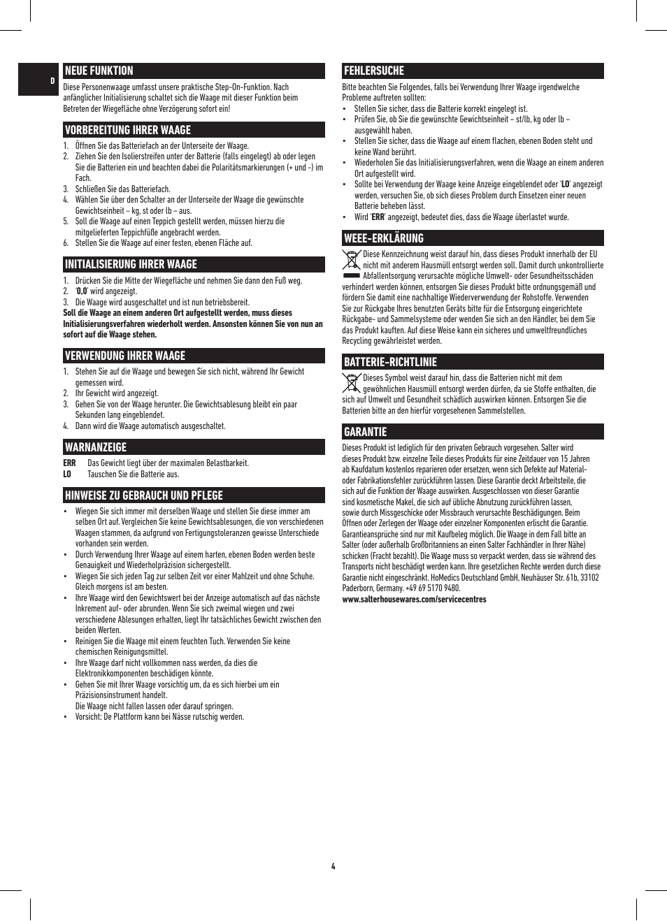 Fehlersuche, Weee-erklärung, Batterie-richtlinie | Garantie, Neue funktion, Vorbereitung ihrer waage, Initialisierung ihrer waage, Verwendung ihrer waage, Warnanzeige, Hinweise zu gebrauch und pflege | Salter 9049 BK3R Max Electronic Scale User Manual | Page 4 / 20