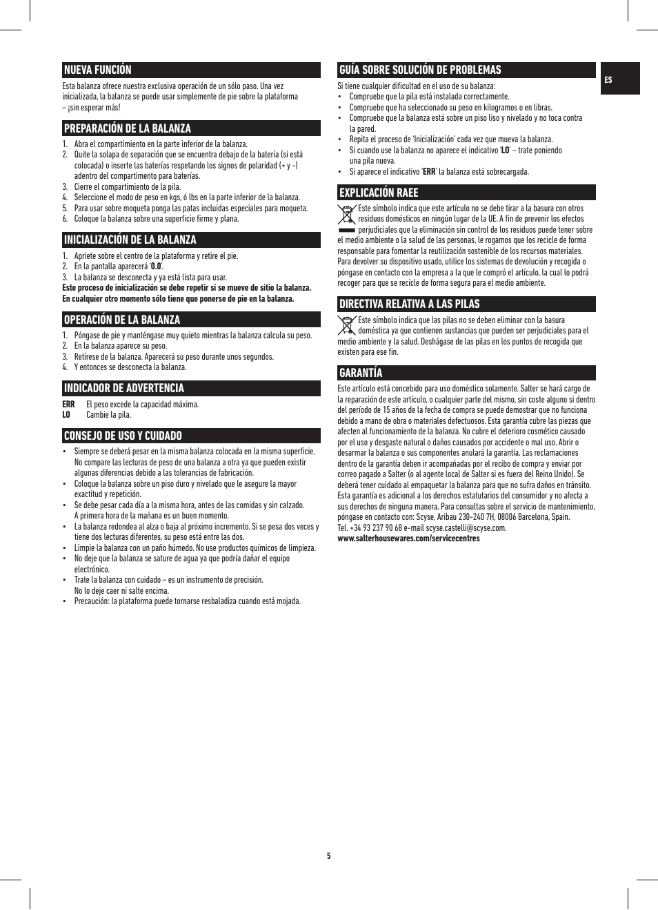 Guía sobre solución de problemas, Explicación raee, Directiva relativa a las pilas | Garantía, Nueva función, Preparación de la balanza, Inicialización de la balanza, Operación de la balanza, Indicador de advertencia, Consejo de uso y cuidado | Salter 9049 BK3R Max Electronic Scale User Manual | Page 5 / 20