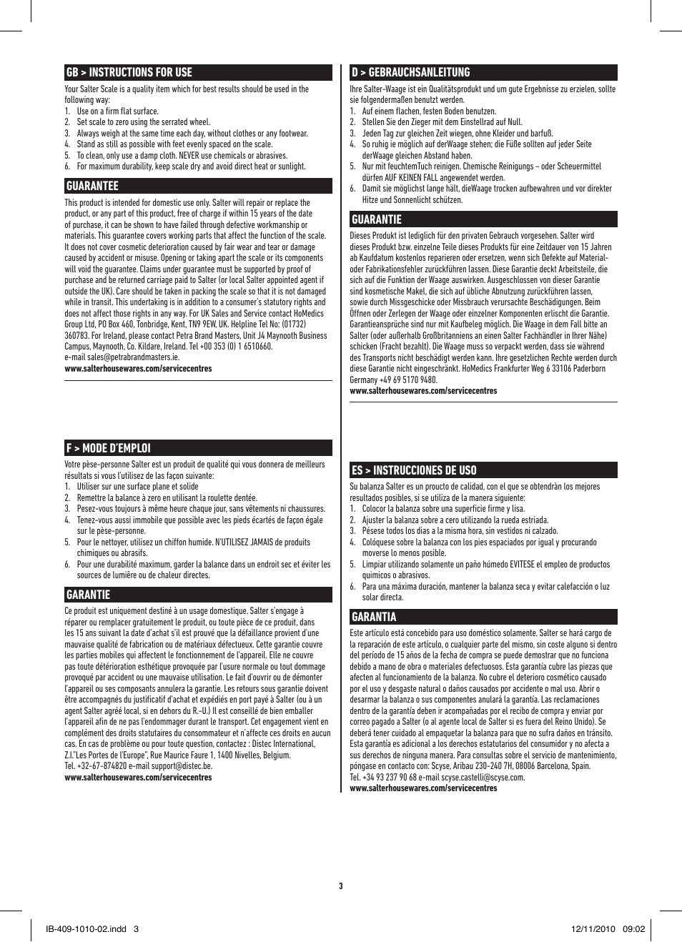 Gb > instructions for use, Guarantee, F > mode d’emploi | Garantie, D > gebrauchsanleitung, Guarantie, Es > instrucciones de uso, Garantia | Salter 409 SVDR StowAWeigh Compact Mechanical Scale User Manual | Page 3 / 8