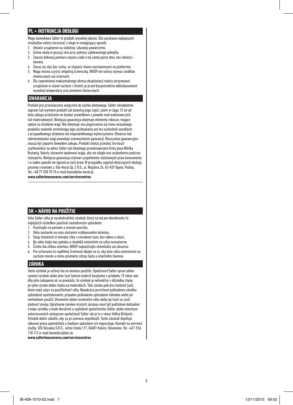 Pl > instrukcja obsługi, Gwarancja, Sk > návod na použitie | Záruka | Salter 409 SVDR StowAWeigh Compact Mechanical Scale User Manual | Page 7 / 8