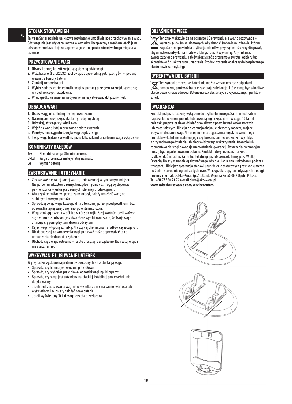 Stojak stowaweigh, Przygotowanie wagi, Obsauga wagi | Komunikaty bałędów, Zastosowanie i utrzymanie, Wykrywanie i usuwanie usterek, Objaśnienie weee, Dyrektywa dot. baterii, Gwarancja | Salter 9055 WH3R Stow-A-Weigh Electronic Scale User Manual | Page 18 / 20