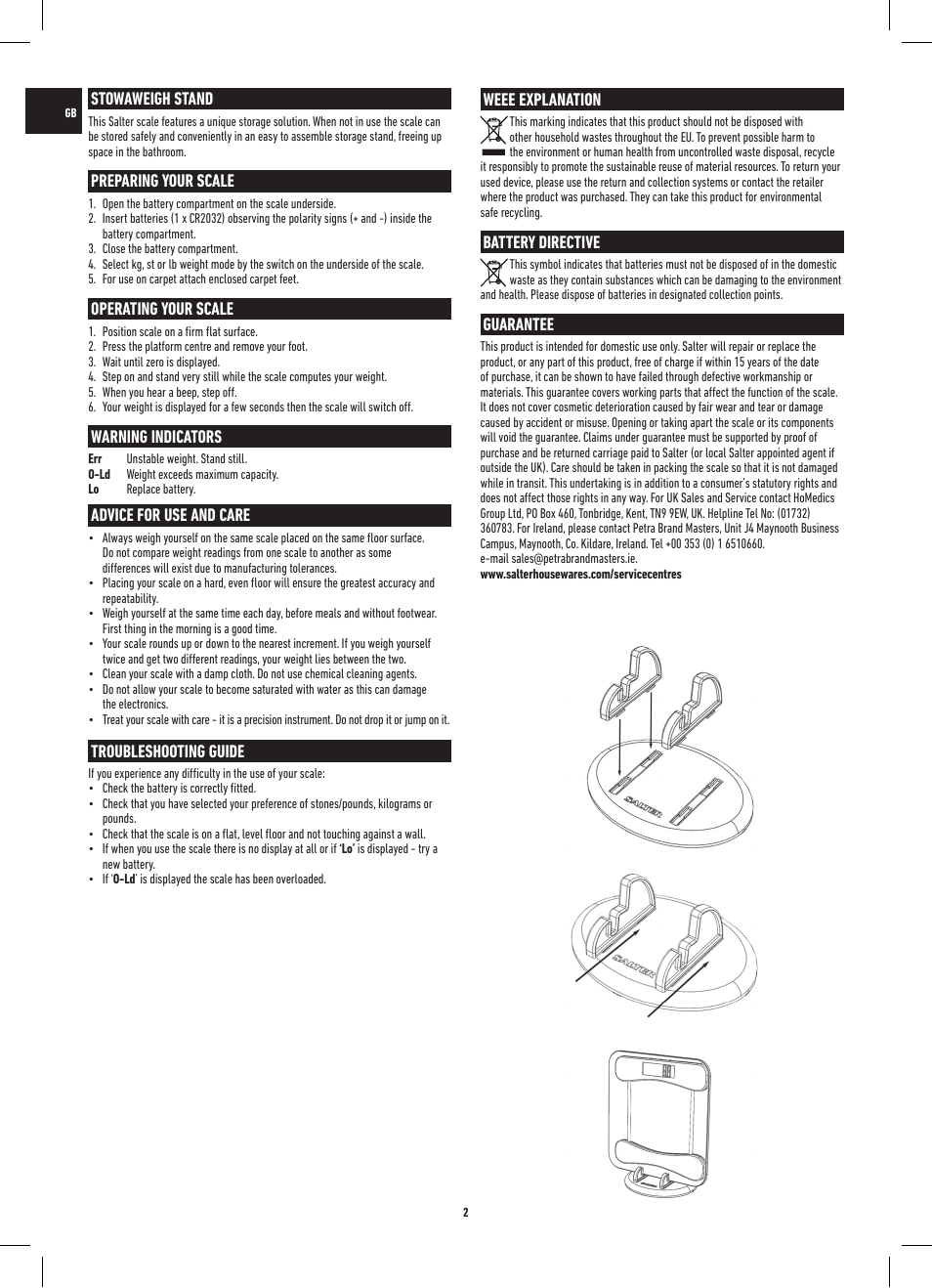 Stowaweigh stand, Preparing your scale, Operating your scale | Warning indicators, Advice for use and care, Troubleshooting guide, Weee explanation, Battery directive, Guarantee | Salter 9055 WH3R Stow-A-Weigh Electronic Scale User Manual | Page 2 / 20