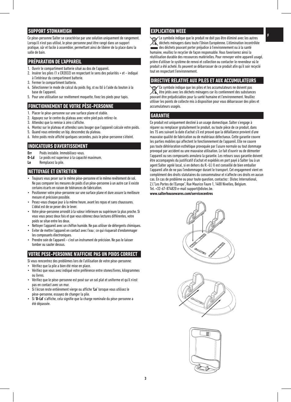 Support stowaweigh, Préparation de l’appareil, Fonctionnement de votre pèse-personne | Indicateurs d’avertissement, Nettoyage et entretien, Votre pese-personne n’affiche pas un poids correct, Explication weee, Directive relative aux piles et aux accumulateurs, Garantie | Salter 9055 WH3R Stow-A-Weigh Electronic Scale User Manual | Page 3 / 20