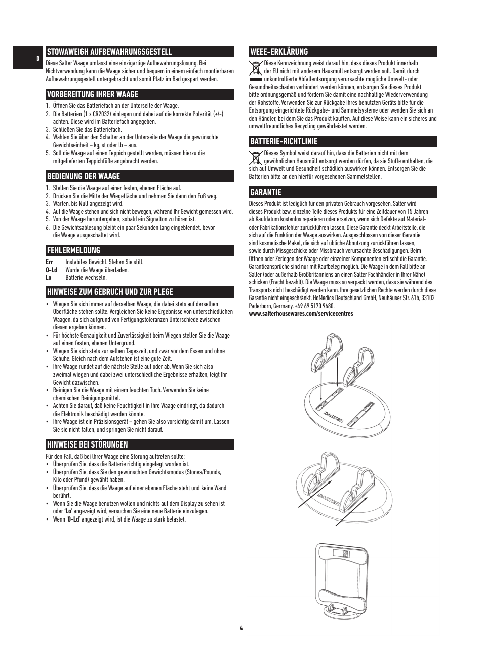 Stowaweigh aufbewahrungsgestell, Vorbereitung ihrer waage, Bedienung der waage | Fehlermeldung, Hinweise zum gebruch und zur plege, Hinweise bei störungen, Weee-erklärung, Batterie-richtlinie, Garantie | Salter 9055 WH3R Stow-A-Weigh Electronic Scale User Manual | Page 4 / 20