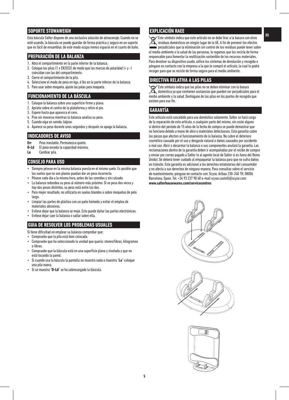 Soporte stowaweigh, Preparación de la balanza, Funcionamiento de la báscula | Indicadores de aviso, Consejo para uso, Guia de resolver los problemas usuales, Explicación raee, Directiva relativa a las pilas, Garantía | Salter 9055 WH3R Stow-A-Weigh Electronic Scale User Manual | Page 5 / 20