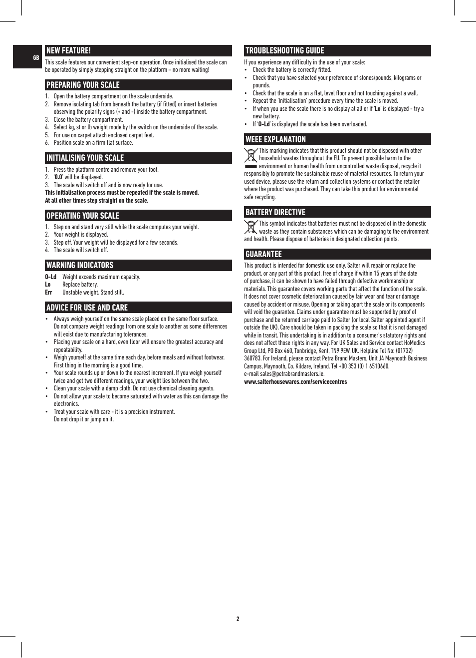 New feature, Preparing your scale, Initialising your scale | Operating your scale, Warning indicators, Advice for use and care, Troubleshooting guide, Weee explanation, Battery directive, Guarantee | Salter 9009 BK3R Onyx Electronic Scale User Manual | Page 2 / 20