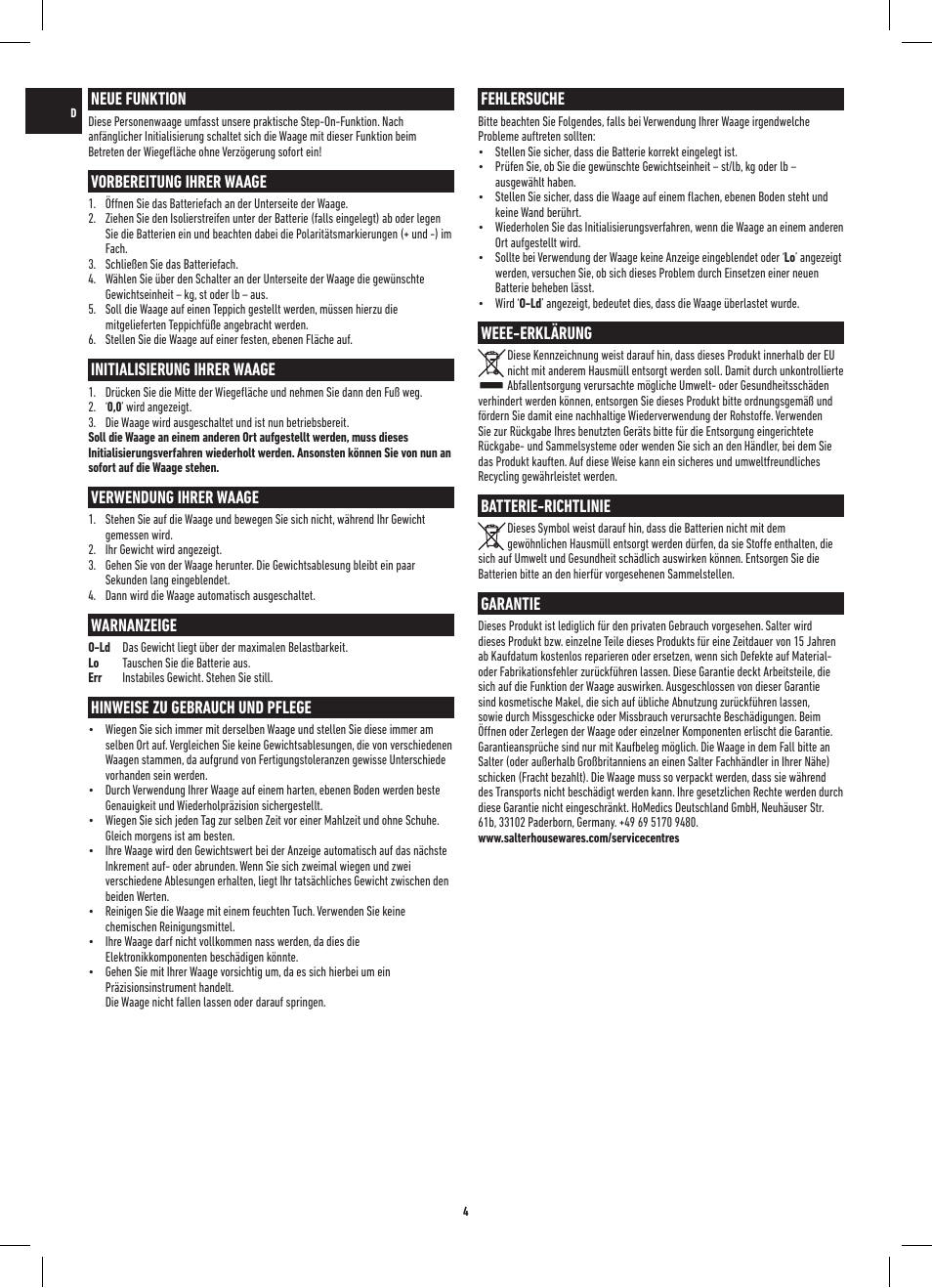 Fehlersuche, Weee-erklärung, Batterie-richtlinie | Garantie, Neue funktion, Vorbereitung ihrer waage, Initialisierung ihrer waage, Verwendung ihrer waage, Warnanzeige, Hinweise zu gebrauch und pflege | Salter 9009 BK3R Onyx Electronic Scale User Manual | Page 4 / 20