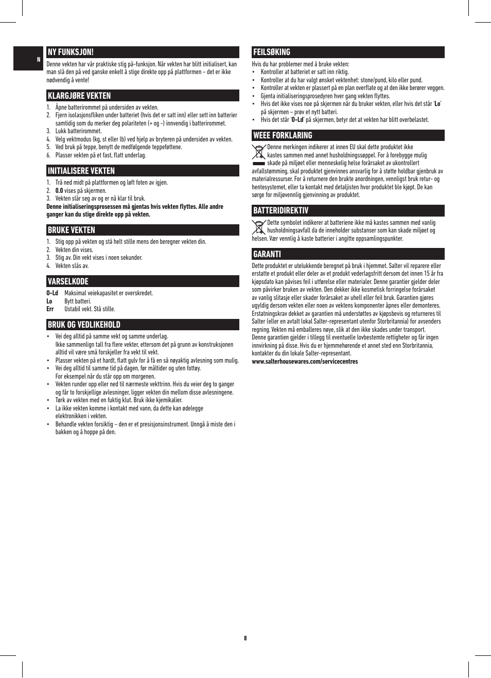 Feilsøking, Weee forklaring, Batteridirektiv | Garanti, Ny funksjon, Klargjøre vekten, Initialisere vekten, Bruke vekten, Varselkode, Bruk og vedlikehold | Salter 9009 BK3R Onyx Electronic Scale User Manual | Page 8 / 20