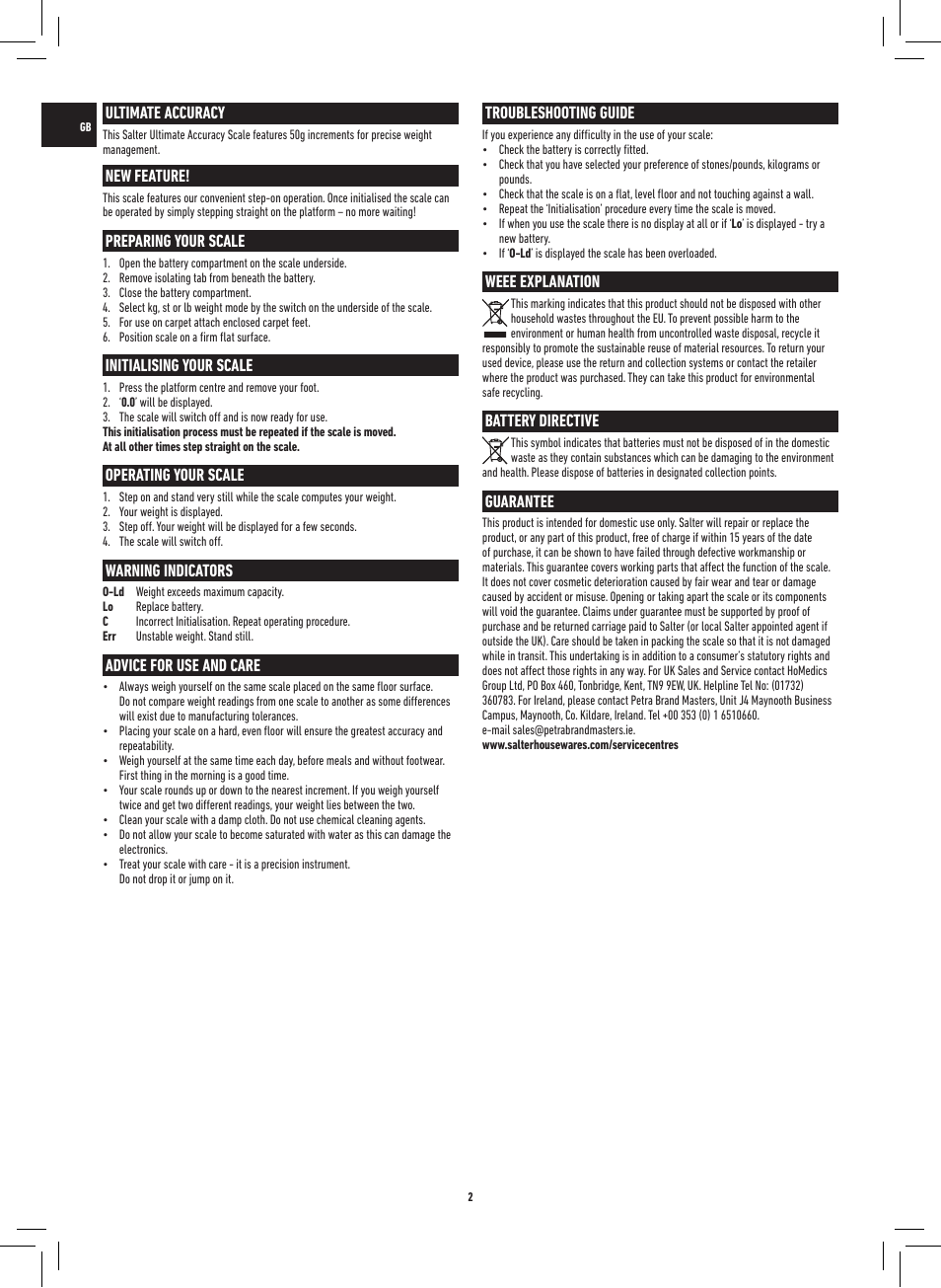 Ultimate accuracy, New feature, Preparing your scale | Initialising your scale, Operating your scale, Warning indicators, Advice for use and care, Troubleshooting guide, Weee explanation, Battery directive | Salter 9073 WH3R Ultimate Accuracy Electronic Scale User Manual | Page 2 / 20