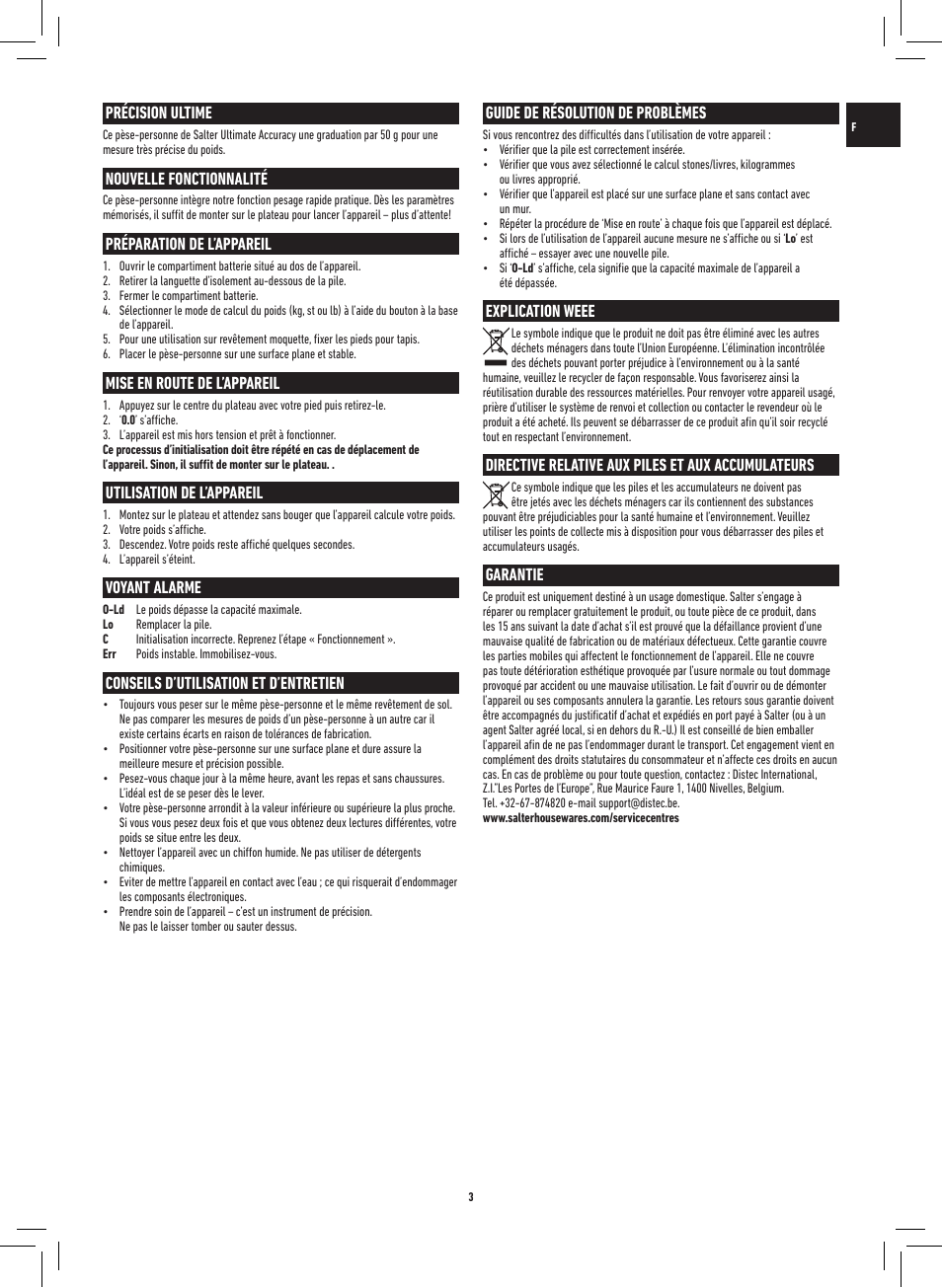 Guide de résolution de problèmes, Explication weee, Directive relative aux piles et aux accumulateurs | Garantie, Précision ultime, Nouvelle fonctionnalité, Préparation de l’appareil, Mise en route de l’appareil, Utilisation de l’appareil, Voyant alarme | Salter 9073 WH3R Ultimate Accuracy Electronic Scale User Manual | Page 3 / 20