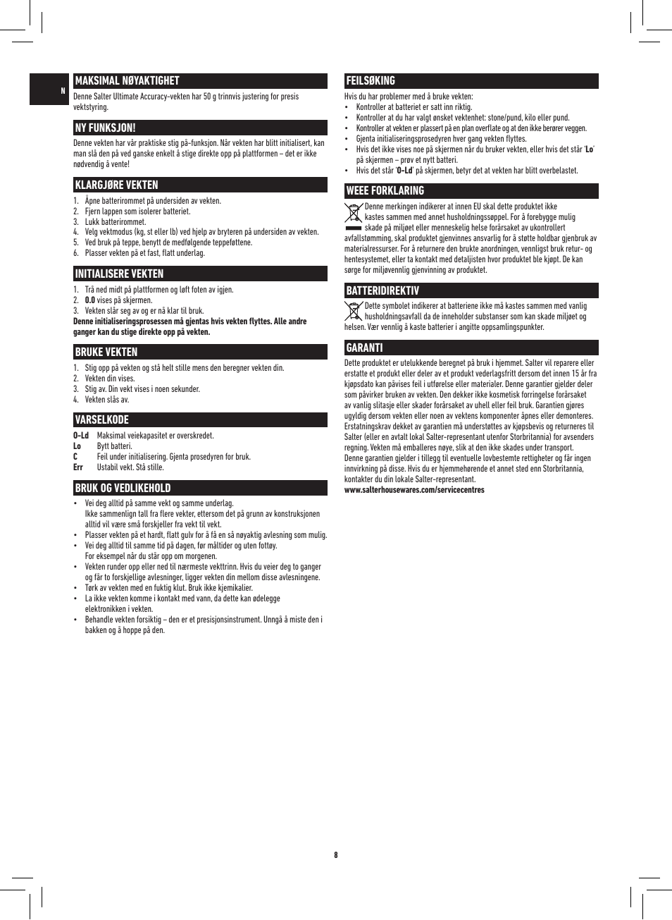 Feilsøking, Weee forklaring, Batteridirektiv | Garanti, Maksimal nøyaktighet, Ny funksjon, Klargjøre vekten, Initialisere vekten, Bruke vekten, Varselkode | Salter 9073 WH3R Ultimate Accuracy Electronic Scale User Manual | Page 8 / 20