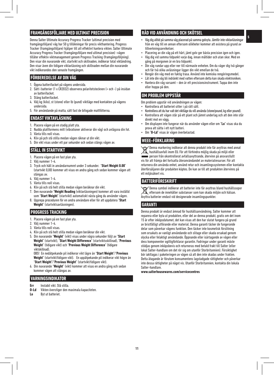 Framgångsföljare med ultimat precision, Förberedelse av din våg, Endast viktavläsning | Ställ in startvikt, Progress tracking, Varningsindikator, Råd vid användning och skötsel, Om problem uppstår, Weee-förklaring, Batteriföreskrift | Salter 9060 SV3R Ultimate Accuracy Progress Tracker Scale User Manual | Page 11 / 20