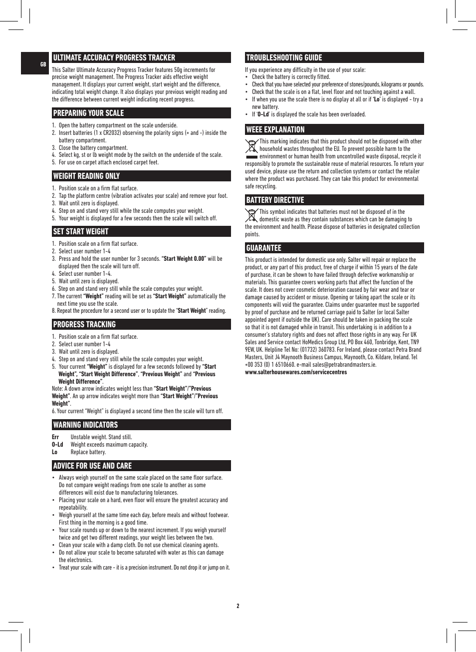 Ultimate accuracy progress tracker, Preparing your scale, Weight reading only | Set start weight, Progress tracking, Warning indicators, Advice for use and care, Troubleshooting guide, Weee explanation, Battery directive | Salter 9060 SV3R Ultimate Accuracy Progress Tracker Scale User Manual | Page 2 / 20