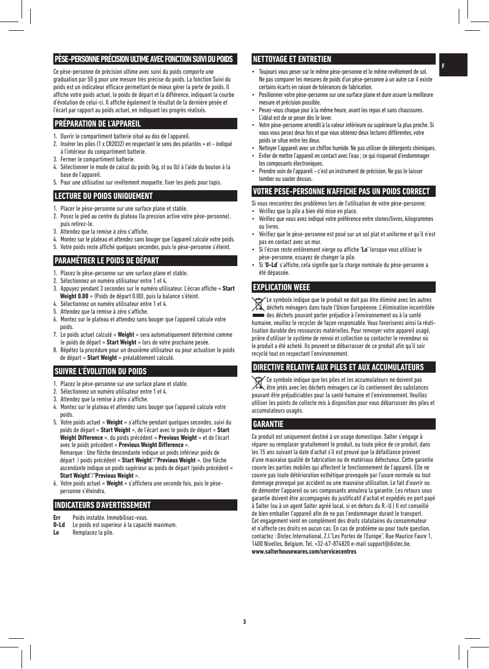 Préparation de l’appareil, Lecture du poids uniquement, Paramétrer le poids de départ | Suivre l’évolution du poids, Indicateurs d’avertissement, Nettoyage et entretien, Votre pese-personne n’affiche pas un poids correct, Explication weee, Directive relative aux piles et aux accumulateurs, Garantie | Salter 9060 SV3R Ultimate Accuracy Progress Tracker Scale User Manual | Page 3 / 20