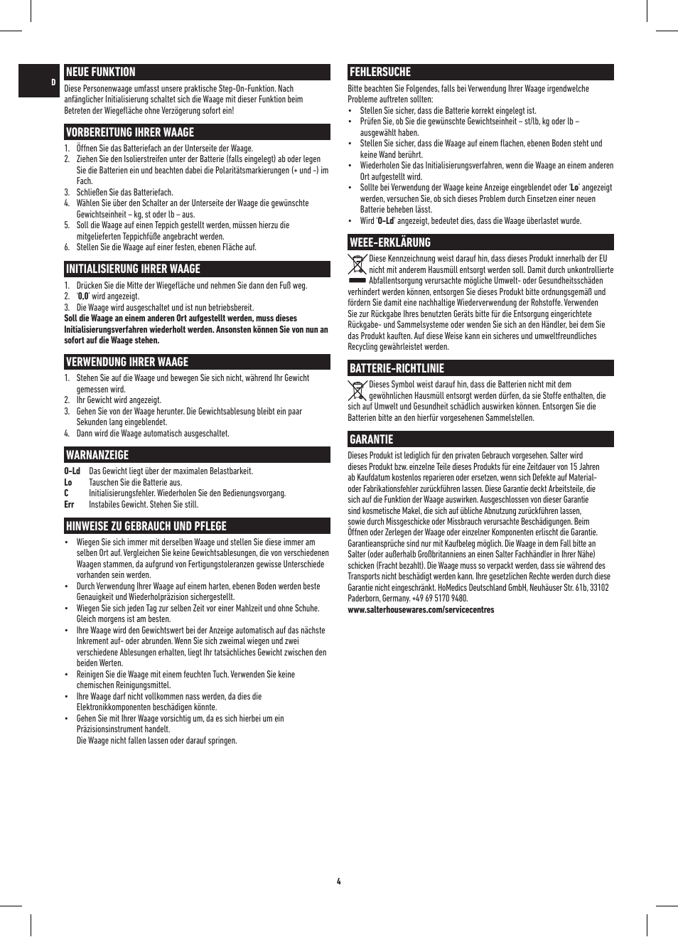 Fehlersuche, Weee-erklärung, Batterie-richtlinie | Garantie, Neue funktion, Vorbereitung ihrer waage, Initialisierung ihrer waage, Verwendung ihrer waage, Warnanzeige, Hinweise zu gebrauch und pflege | Salter 9008 WH3R Dual Display Electronic Scale User Manual | Page 4 / 20