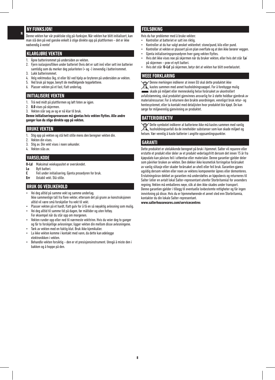 Feilsøking, Weee forklaring, Batteridirektiv | Garanti, Ny funksjon, Klargjøre vekten, Initialisere vekten, Bruke vekten, Varselkode, Bruk og vedlikehold | Salter 9008 WH3R Dual Display Electronic Scale User Manual | Page 8 / 20