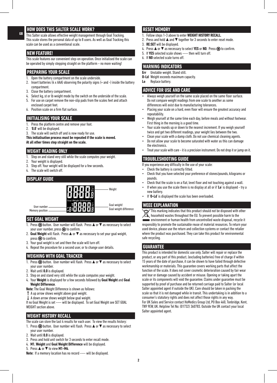 How does this salter scale work, New feature, Preparing your scale | Initialising your scale, Weight reading only, Display guide set goal weight, Weighing with goal tracker, Weight history recall, Warning indicators, Advice for use and care | Salter 9063 WH3R Dashboard Goal Tracker Scale User Manual | Page 2 / 20