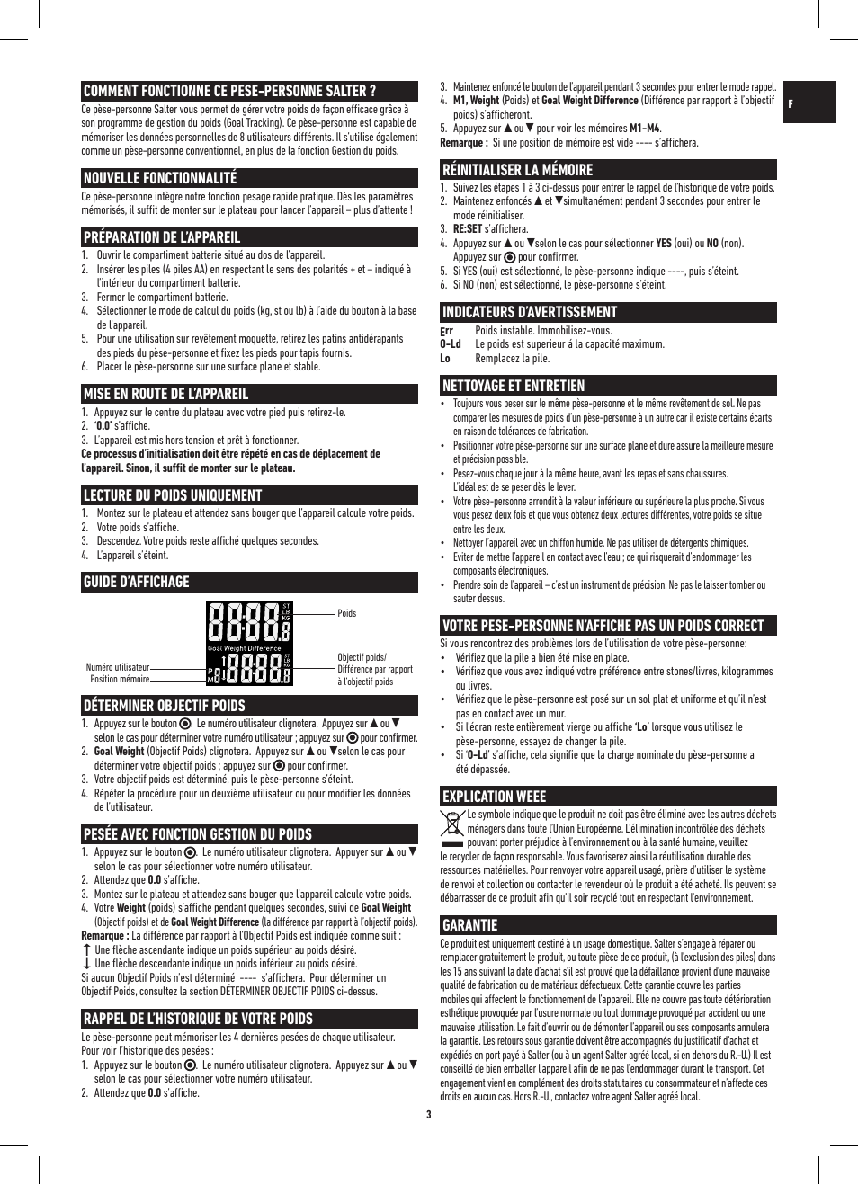 Comment fonctionne ce pese-personne salter, Nouvelle fonctionnalité, Préparation de l’appareil | Mise en route de l’appareil, Lecture du poids uniquement, Guide d’affichage déterminer objectif poids, Pesée avec fonction gestion du poids, Rappel de l’historique de votre poids, Réinitialiser la mémoire, Indicateurs d’avertissement | Salter 9063 WH3R Dashboard Goal Tracker Scale User Manual | Page 3 / 20