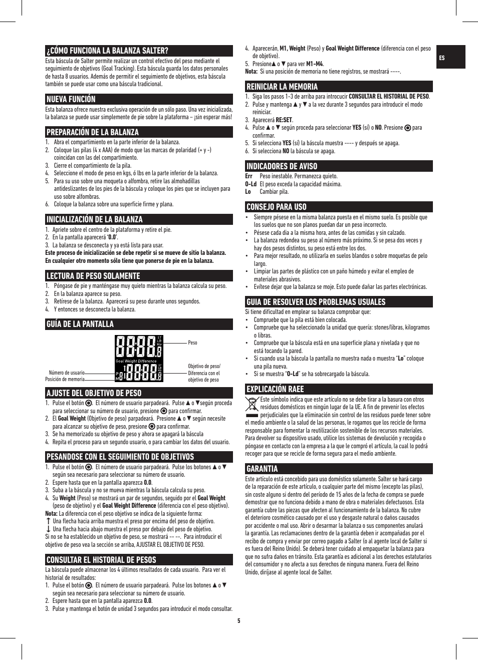 Cómo funciona la balanza salter, Nueva función, Preparación de la balanza | Inicialización de la balanza, Lectura de peso solamente, Guía de la pantalla ajuste del objetivo de peso, Pesandose con el seguimiento de objetivos, Consultar el historial de pesos, Indicadores de aviso, Consejo para uso | Salter 9063 WH3R Dashboard Goal Tracker Scale User Manual | Page 5 / 20