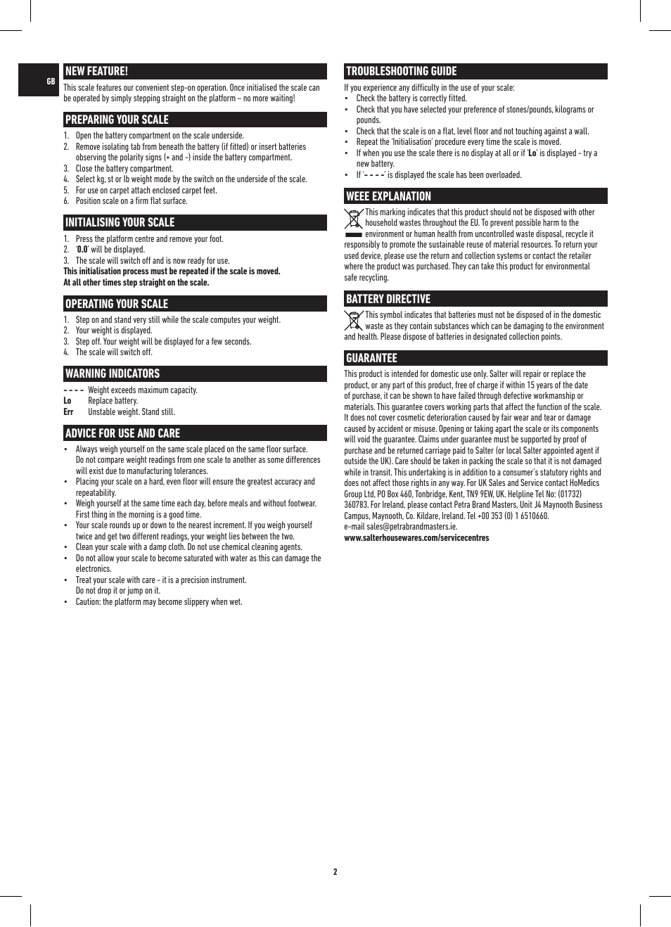 New feature, Preparing your scale, Initialising your scale | Operating your scale, Warning indicators, Advice for use and care, Troubleshooting guide, Weee explanation, Battery directive, Guarantee | Salter 9099 SV3R Digital Doctor's Style Electronic Scale User Manual | Page 2 / 20