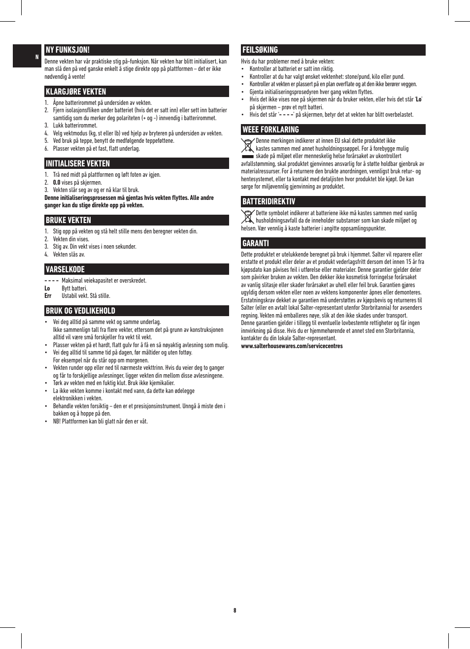 Feilsøking, Weee forklaring, Batteridirektiv | Garanti, Ny funksjon, Klargjøre vekten, Initialisere vekten, Bruke vekten, Varselkode, Bruk og vedlikehold | Salter 9099 SV3R Digital Doctor's Style Electronic Scale User Manual | Page 8 / 20