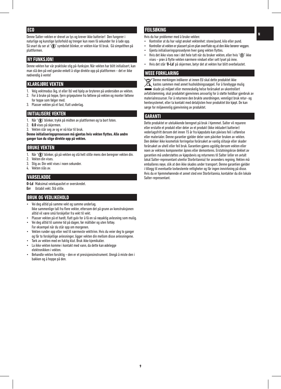 Feilsøking, Weee forklaring, Garanti | Ny funksjon, Klargjøre vekten, Initialisere vekten, Bruke vekten, Varselkode, Bruk og vedlikehold | Salter 9068 WH3R Eco Electronic Scale User Manual | Page 9 / 20