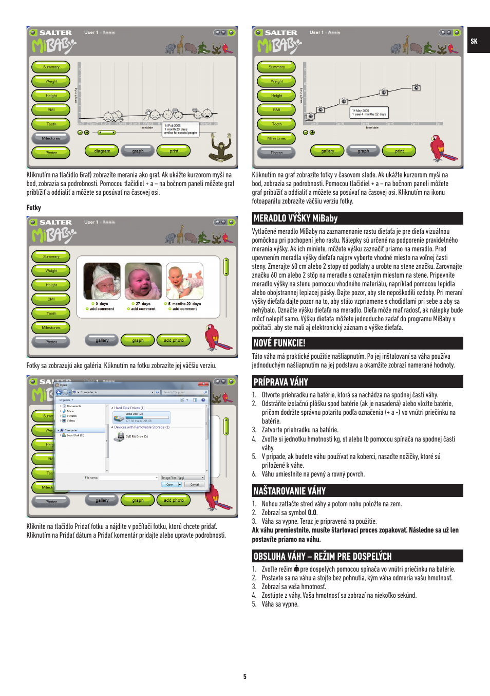 Meradlo výšky mibaby, Nové funkcie, Príprava váhy | Naštarovanie váhy, Obsluha váhy – režim pre dospelých | Salter 9042 WH3R MiBaby Mother & Baby Electronic Scale User Manual | Page 110 / 126