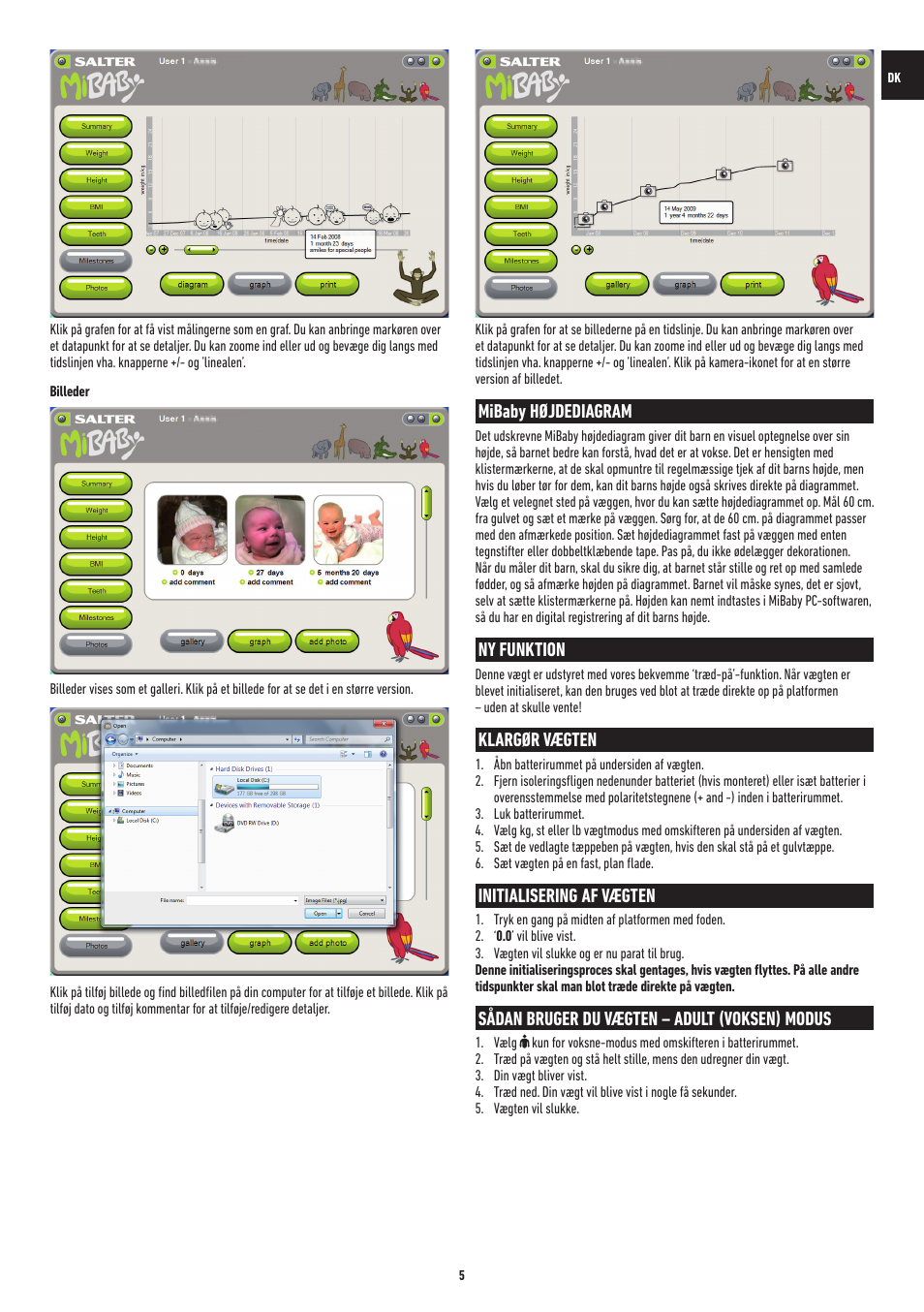 Mibaby højdediagram, Ny funktion, Klargør vægten | Initialisering af vægten, Sådan bruger du vægten – adult (voksen) modus | Salter 9042 WH3R MiBaby Mother & Baby Electronic Scale User Manual | Page 26 / 126