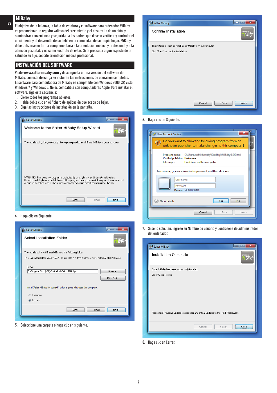 Mibaby, Instalación del software | Salter 9042 WH3R MiBaby Mother & Baby Electronic Scale User Manual | Page 37 / 126