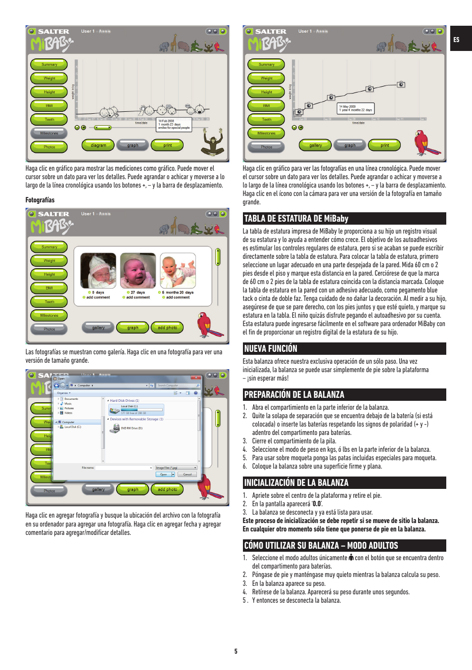 Tabla de estatura de mibaby, Nueva función, Preparación de la balanza | Inicialización de la balanza, Cómo utilizar su balanza – modo adultos | Salter 9042 WH3R MiBaby Mother & Baby Electronic Scale User Manual | Page 40 / 126