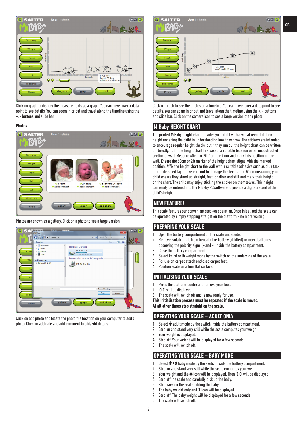 Mibaby height chart, New feature, Preparing your scale | Initialising your scale, Operating your scale – adult only, Operating your scale – baby mode | Salter 9042 WH3R MiBaby Mother & Baby Electronic Scale User Manual | Page 5 / 126