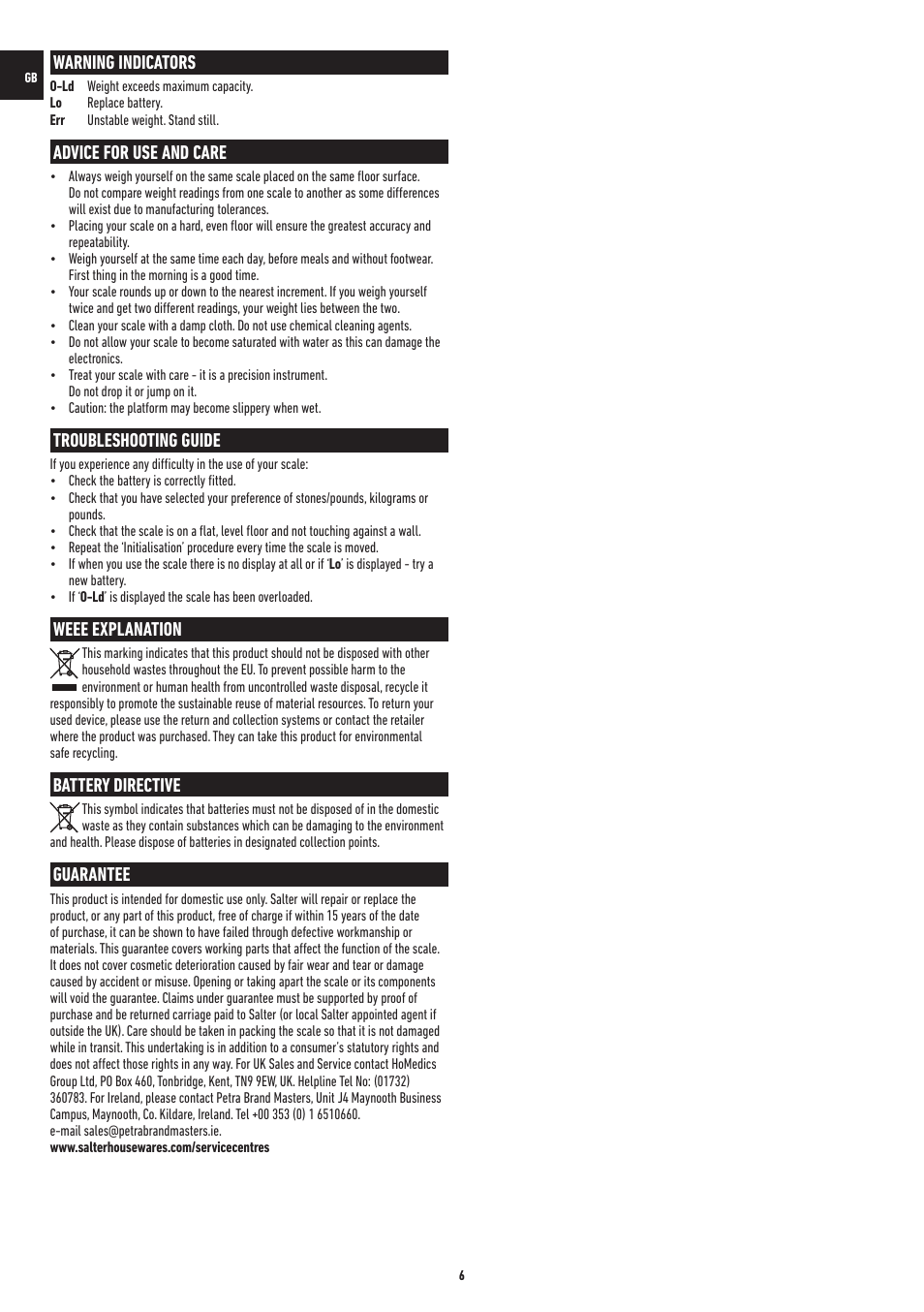 Warning indicators, Advice for use and care, Troubleshooting guide | Weee explanation, Battery directive, Guarantee | Salter 9042 WH3R MiBaby Mother & Baby Electronic Scale User Manual | Page 6 / 126