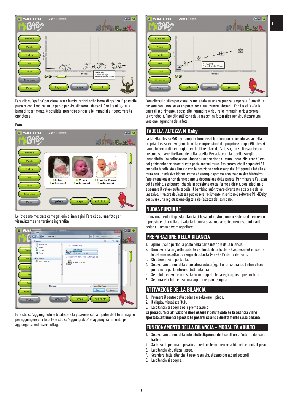 Tabella altezza mibaby, Nuova funzione, Preparazione della bilancia | Attivazione della bilancia, Funzionamento della bilancia - modalità adulto | Salter 9042 WH3R MiBaby Mother & Baby Electronic Scale User Manual | Page 68 / 126