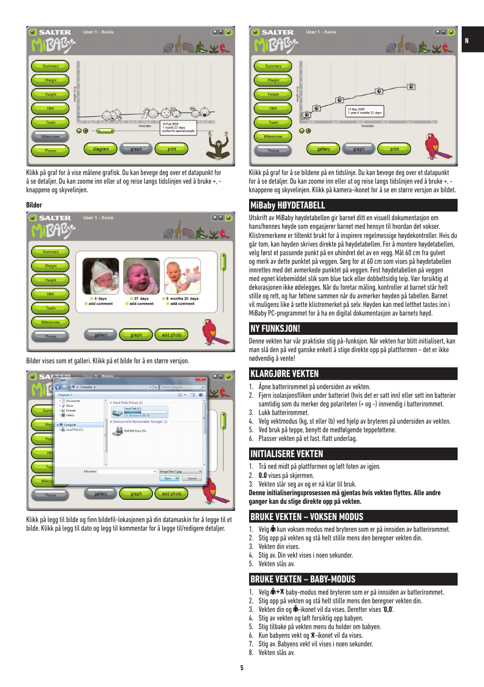 Mibaby høydetabell, Ny funksjon, Klargjøre vekten | Initialisere vekten, Bruke vekten – voksen modus, Bruke vekten – baby-modus | Salter 9042 WH3R MiBaby Mother & Baby Electronic Scale User Manual | Page 82 / 126