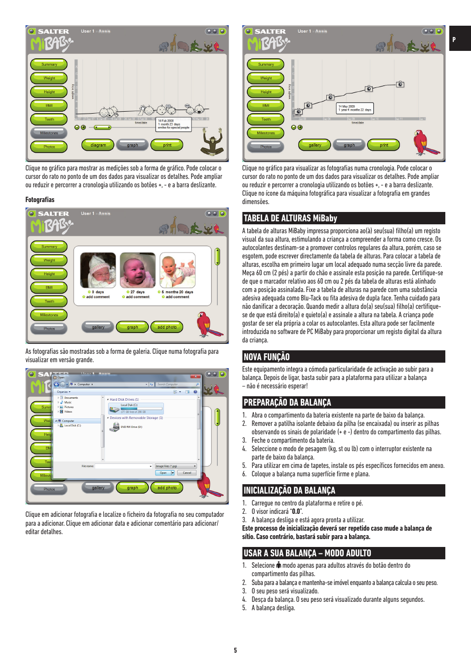 Tabela de alturas mibaby, Nova função, Preparação da balança | Inicialização da balança, Usar a sua balança – modo adulto | Salter 9042 WH3R MiBaby Mother & Baby Electronic Scale User Manual | Page 96 / 126