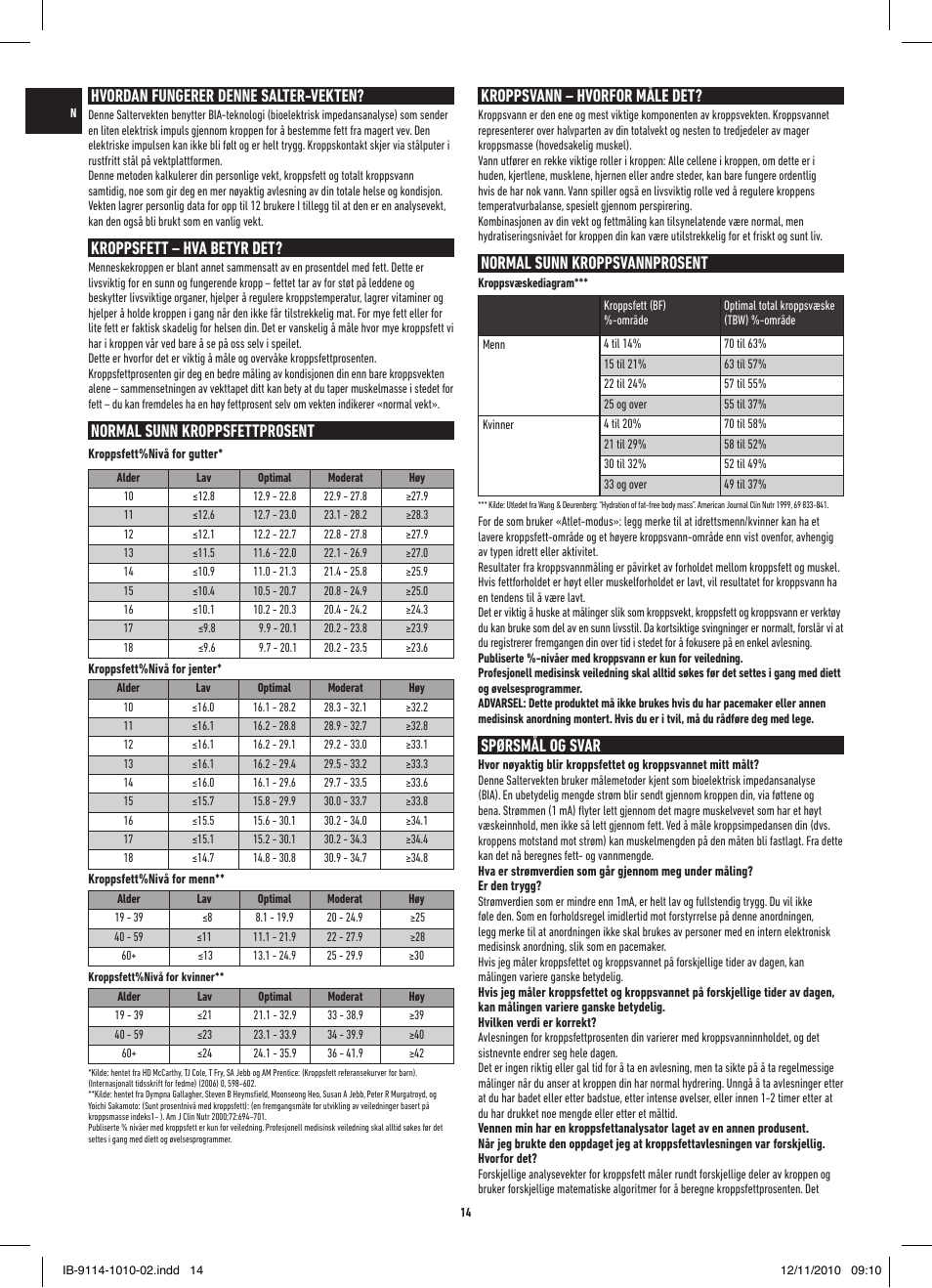 Hvordan fungerer denne salter-vekten, Kroppsfett – hva betyr det, Normal sunn kroppsfettprosent | Kroppsvann – hvorfor måle det, Normal sunn kroppsvannprosent, Spørsmål og svar | Salter 9114 SV3R Compact Analyser Scale User Manual | Page 14 / 40