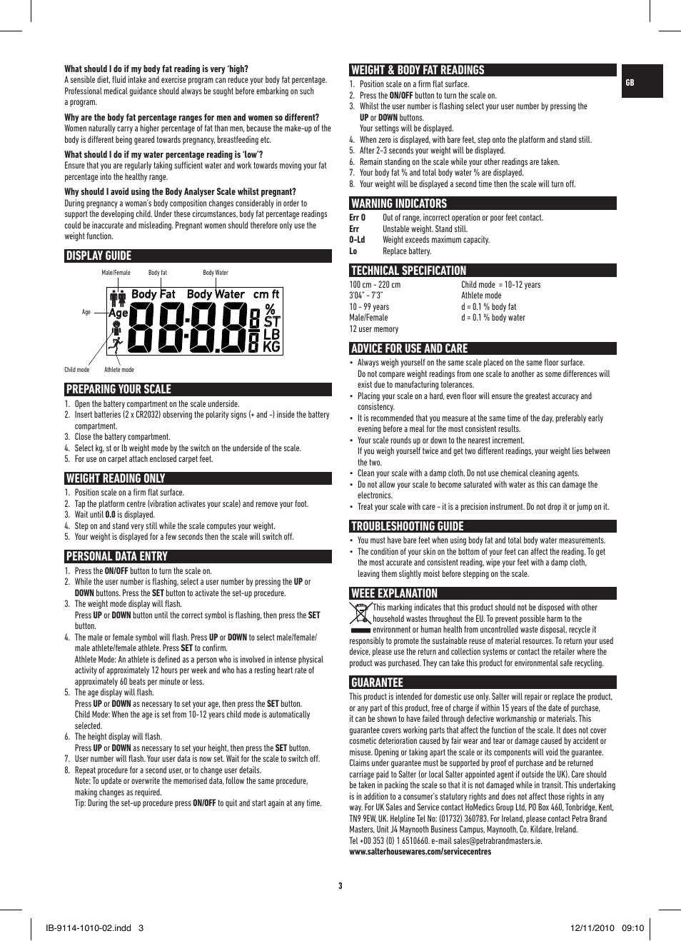 St lb kg, Display guide preparing your scale, Weight reading only | Personal data entry, Weight & body fat readings, Warning indicators, Technical specification, Advice for use and care, Troubleshooting guide, Weee explanation | Salter 9114 SV3R Compact Analyser Scale User Manual | Page 3 / 40