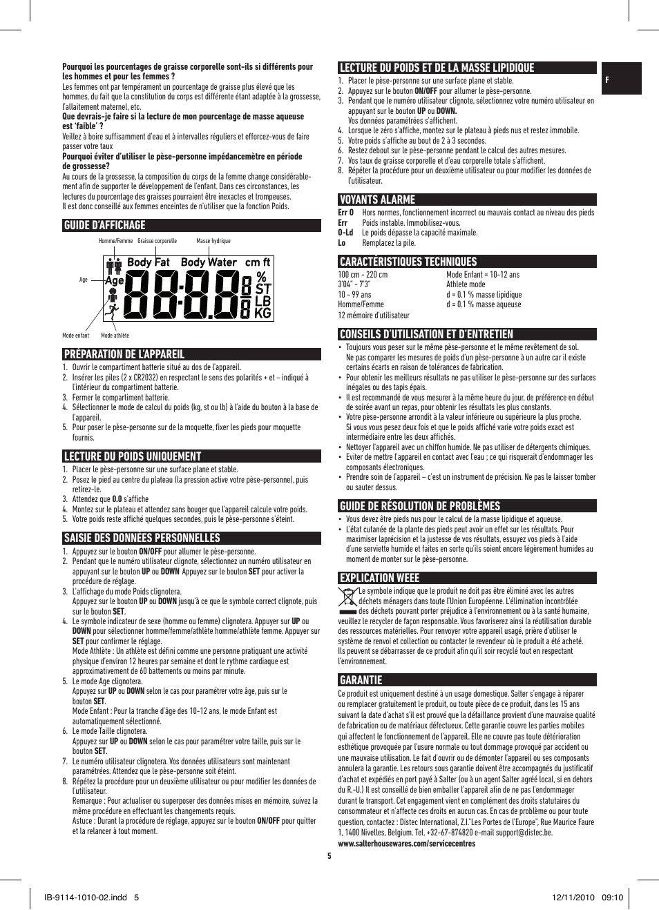 St lb kg, Guide d’affichage préparation de l’appareil, Lecture du poids uniquement | Saisie des données personnelles, Lecture du poids et de la masse lipidique, Voyants alarme, Caractéristiques techniques, Conseils d’utilisation et d’entretien, Guide de résolution de problèmes, Explication weee | Salter 9114 SV3R Compact Analyser Scale User Manual | Page 5 / 40