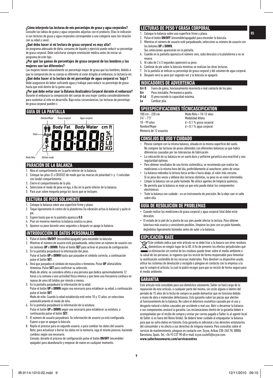 St lb kg, Guía de la pantalla paración de la balanza, Lectura de peso solamente | Introducción de datos personales, Lecturas de peso y grasa corporal, Indicadores de advertencia, Speespecificaciones técnicascification, Consejos de uso y cuidado, Guía de resolución de problemas, Explicación raee | Salter 9114 SV3R Compact Analyser Scale User Manual | Page 9 / 40