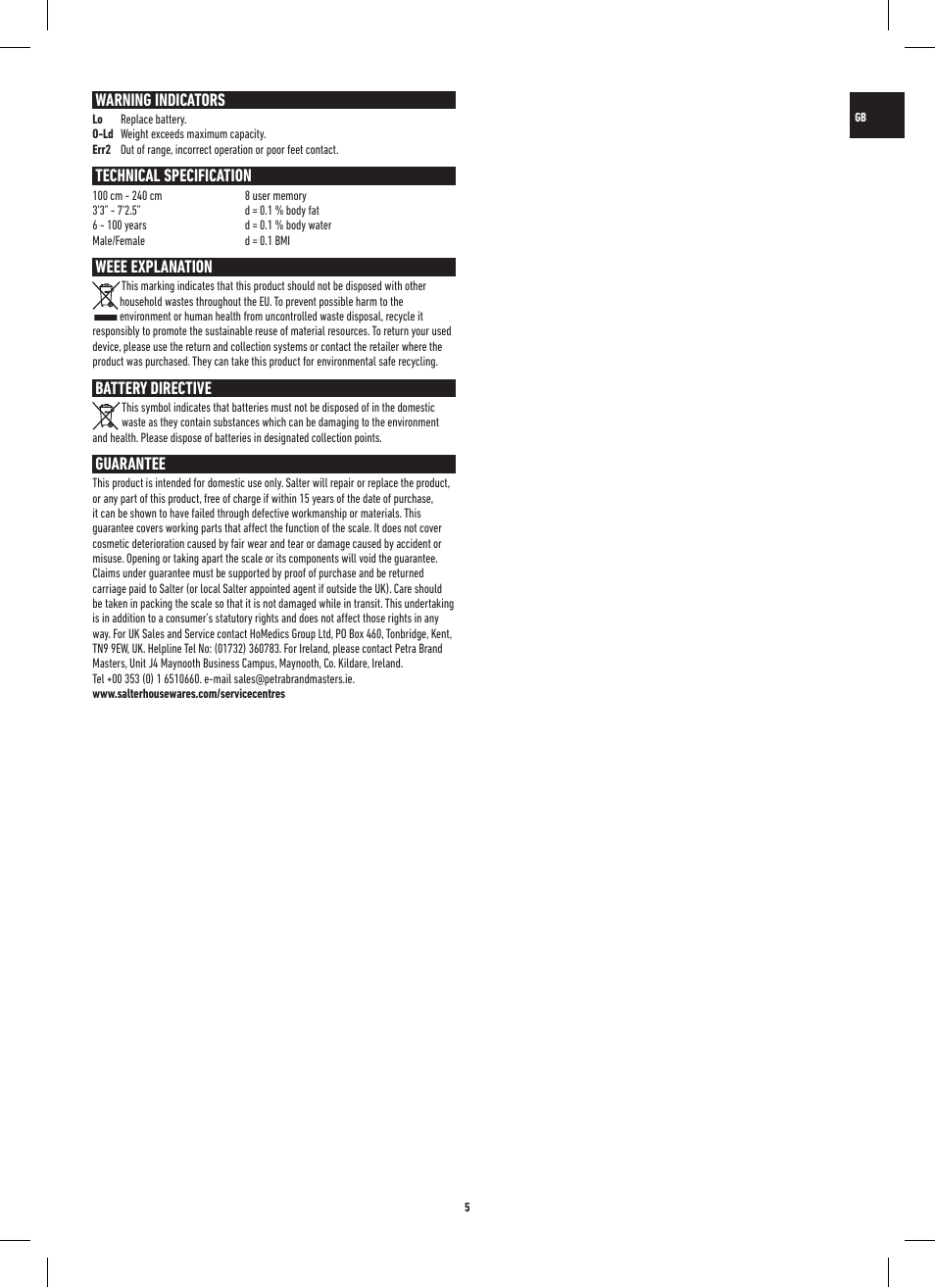 Warning indicators, Technical specification, Weee explanation | Battery directive, Guarantee | Salter 9156 ST3R Striped Glass Analyser Scale User Manual | Page 5 / 60