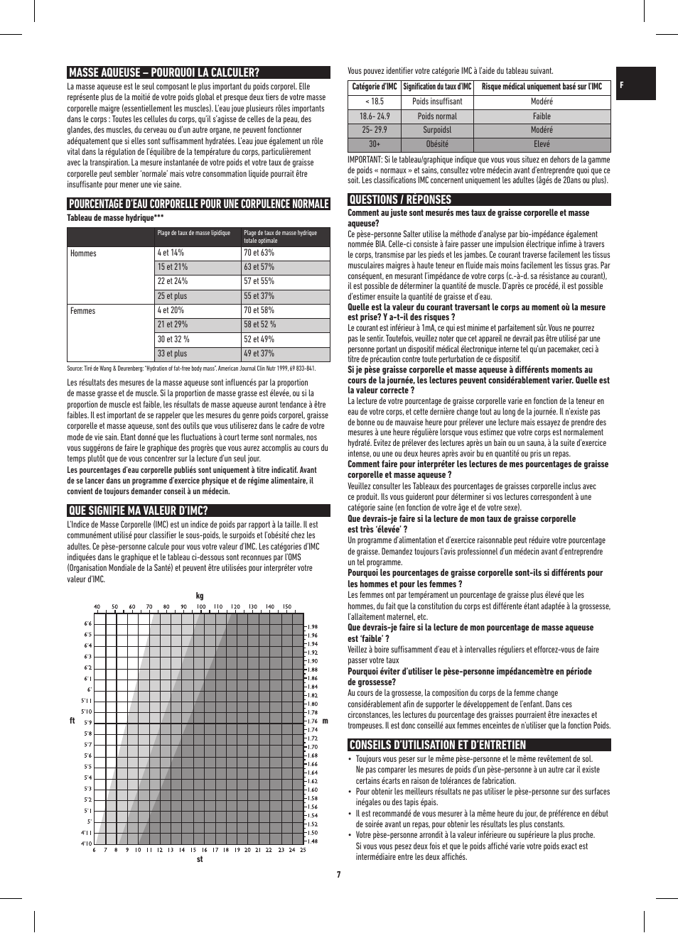 Masse aqueuse – pourquoi la calculer, Que signifie ma valeur d’imc, Questions / réponses | Conseils d’utilisation et d’entretien | Salter 9156 ST3R Striped Glass Analyser Scale User Manual | Page 7 / 60