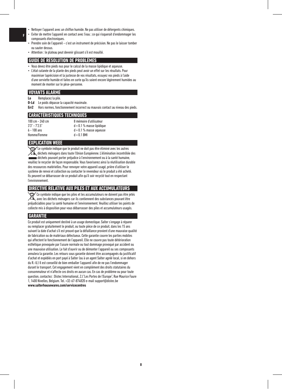 Guide de résolution de problèmes, Voyants alarme, Caractéristiques techniques | Explication weee, Directive relative aux piles et aux accumulateurs, Garantie | Salter 9156 ST3R Striped Glass Analyser Scale User Manual | Page 8 / 60