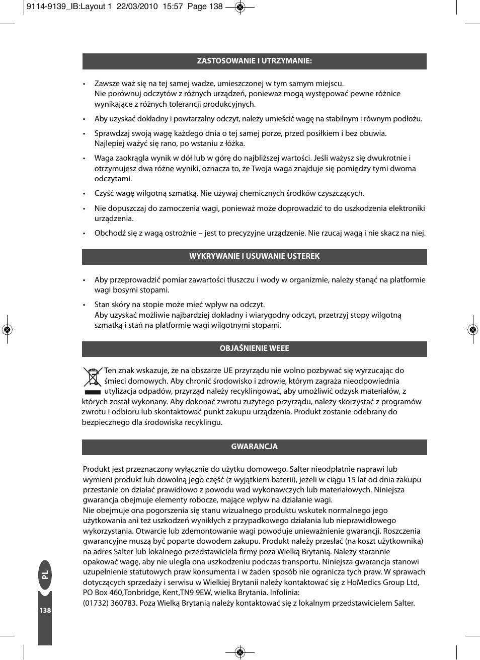 Salter 9139 WH3R Compact Analyser Scale User Manual | Page 138 / 140